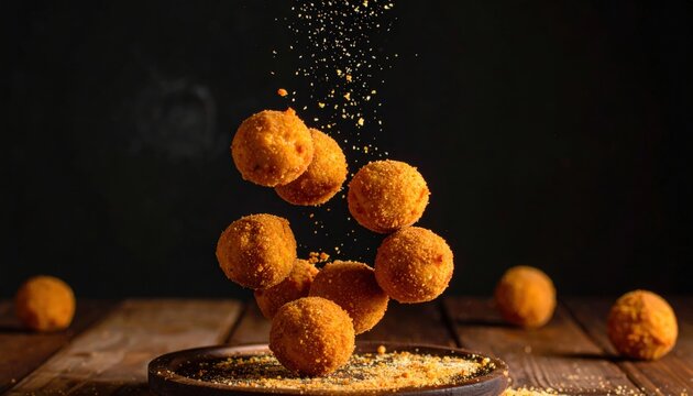 Golden fried delights suspended in mid-air with a cinematic atmosphere