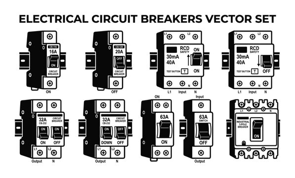 Electrical Circuit Breakers Vector Set with Different Amperage and Switch Positions