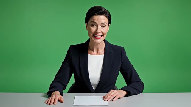 Presenter delivering news on green screen with papers on white table