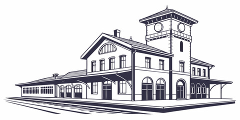 Historic train station with clock tower and tracks in the foreground © Mamun