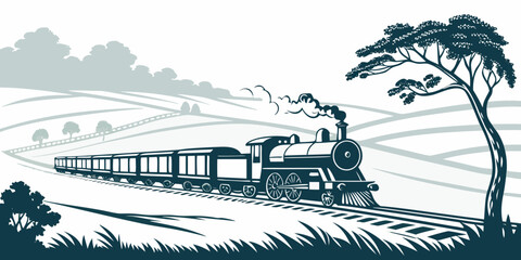 Steam locomotive crossing a bridge in a scenic landscape with trees and mountains © Mamun