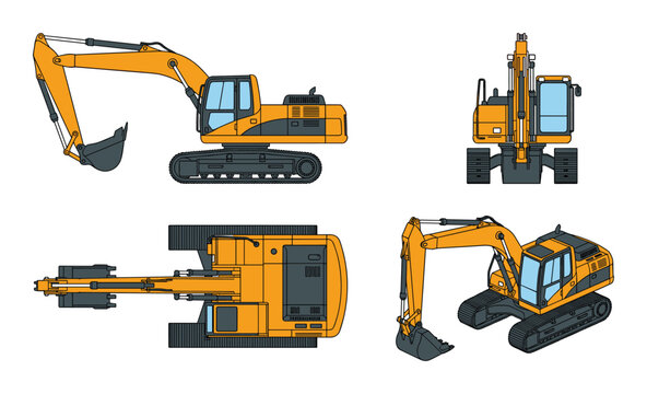 Excavator four view vector illustration; side, front, top, and isometric view in orange and grey design