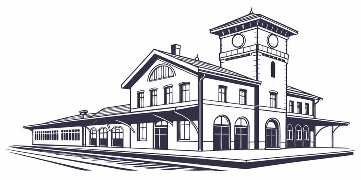 Historic train station with clock tower and tracks in the foreground