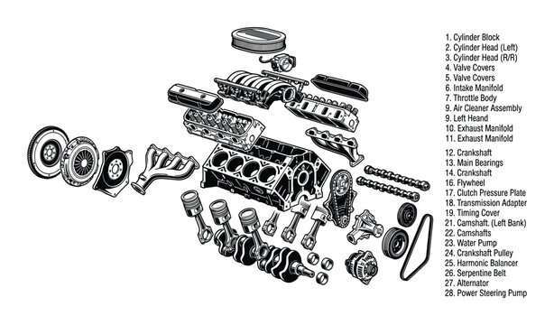 Exploded View Car Engine Parts Diagram, Cylinder Block, Heads, Crankshaft, Manifolds and Components