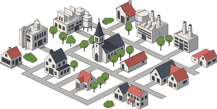 Isometric industrial town map with factories houses streets and church clean flat vector illustration