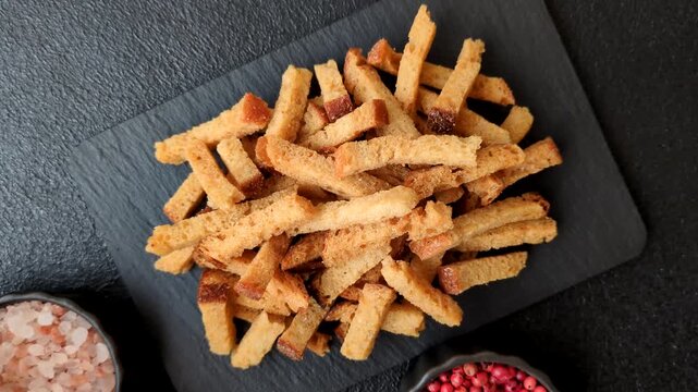 Croutons or crackers made from rye bread with garlic, salt, and spices, a salad ingredient. Croutons with salt and garlic as a food background for your design