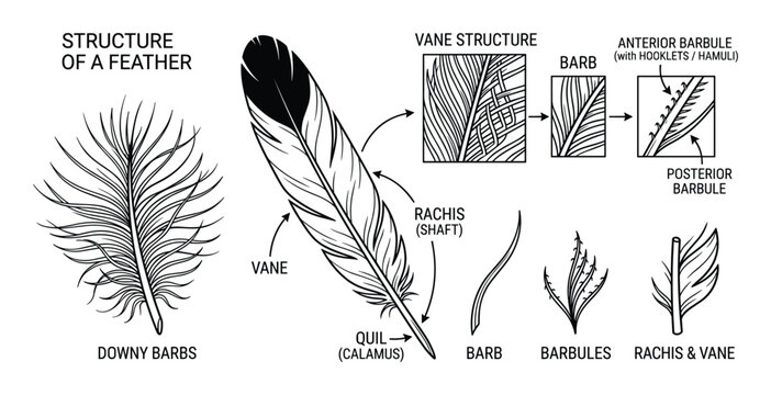 Feather Structure Diagram Showing Vane, Barb, Barbules, Rachis, and Quill Anatomical Bird Feather Parts
