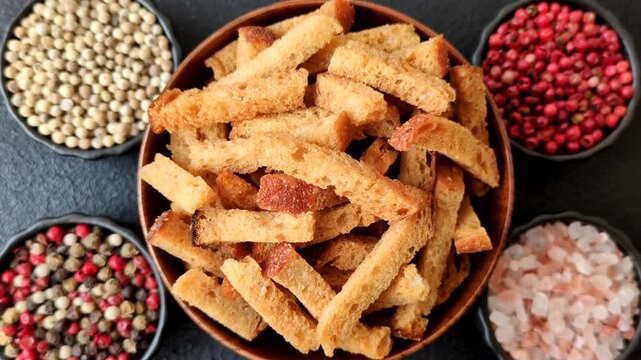 Croutons or crackers made from rye bread with garlic, salt, and spices, a salad ingredient. Croutons with salt and garlic as a food background for your design
