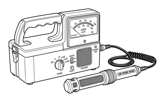 Line art illustration of a classic portable Geiger counter radiation detector with analog display and separate handheld probe.