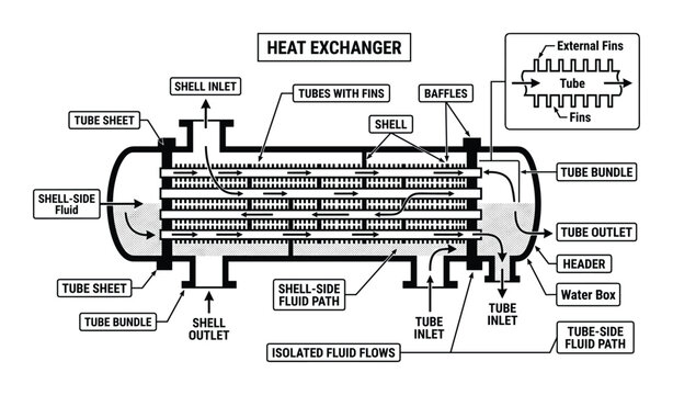 Heat Exchanger Diagram Showing Shell and Tube Fluid Flows