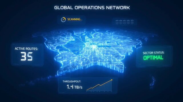 Global Operations Network displays active routes, sector status, and throughput data on a digital map.