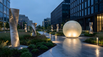 Contemporary Office Campus Plaza with Illuminated Sphere and Modern Landscaping