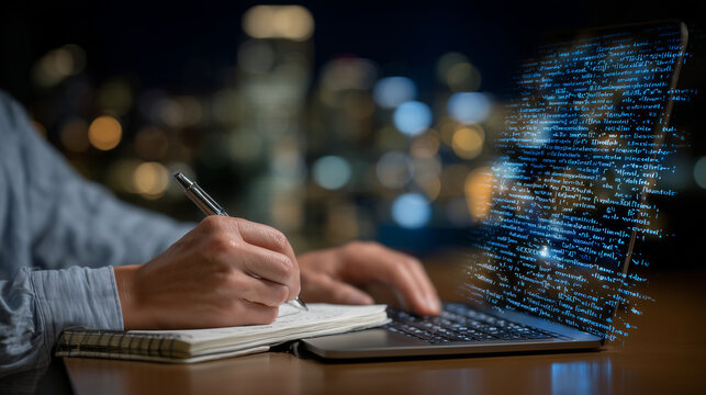 Close-up perspective of hands holding a pen while reviewing handwritten coding notes and comparing them with AI-generated code running on a laptop screen, faceless composition high