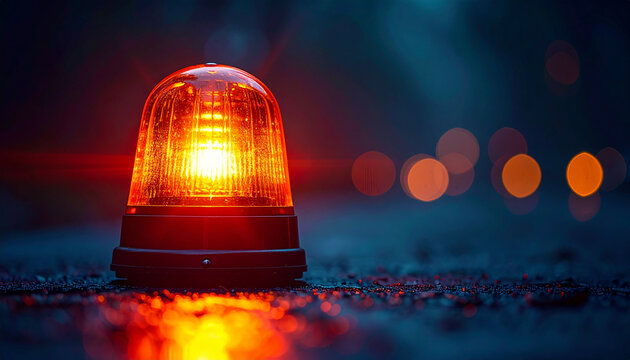 Single orange siren light on dark background, glowing intensely, emergency concept, minimal design with copy space