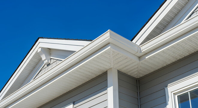 White eaves and gutters on gray vinyl siding house under clear blue sky