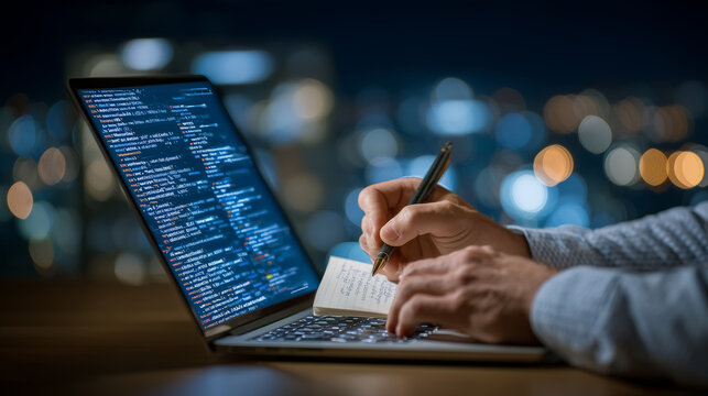 Close-up perspective of hands holding a pen while reviewing handwritten coding notes and comparing them with AI-generated code running on a laptop screen, faceless composition high