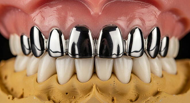 Dental model showing metallic tooth crowns on lower front teeth metallic crowns silver teeth