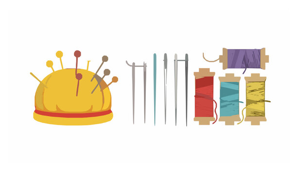 Pin cushion and sewing tools vector set with needles and thread isolated on white