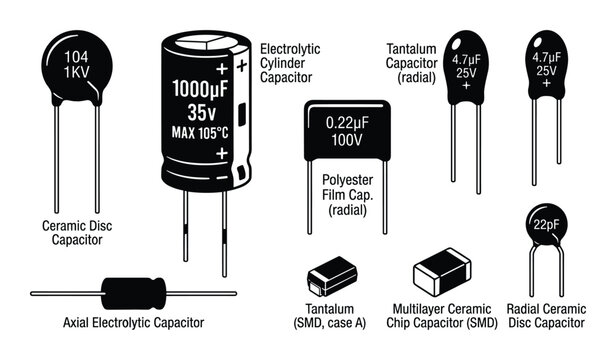 Various capacitors types with values: ceramic disc, electrolytic, tantalum, polyester film, SMD, and radial capacitors