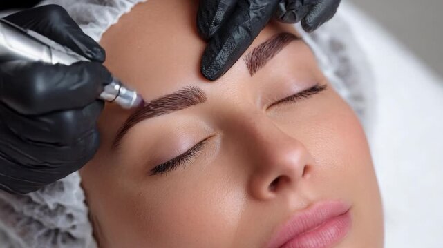 Permanent Makeup Eyebrow Microblading Procedure Close-Up, Professional Cosmetic Tattoo in Beauty Clinic, Aesthetic Treatment and Skincare Industry Video