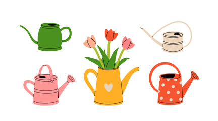 Four colorful cartoon watering cans decorated with simple floral and heart designs. © tanyabosyk