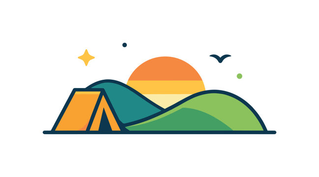 Mindful escape from busy urban routines through peaceful mountain sunset visuals centered on balance and mental restoration in everyday wellbeing journeys, a minimal tent icon