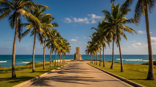 Tropical Palm Tree Avenue Leading to Oceanfront Monument on Sunny Day