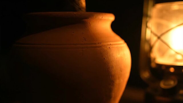 Clay Pot with Candlelight in Dark.