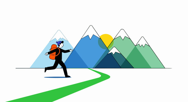 Stylized illustration shows person on a mountain adventure, running green path toward snow peaks. Traveler with orange backpack embarks on outdoor journey, sun rising over abstract landscape.