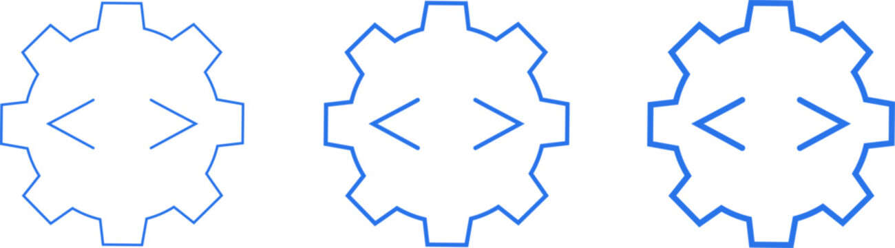 Set of three blue gear icons with code brackets inside, representing software development, engineering, and technical settings