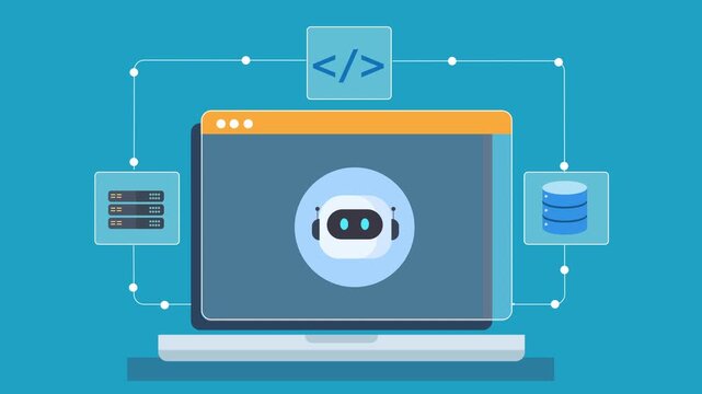 Animated flat illustration of a laptop displaying cloud automation dashboard with bot system, server, and database interface on a minimal background.