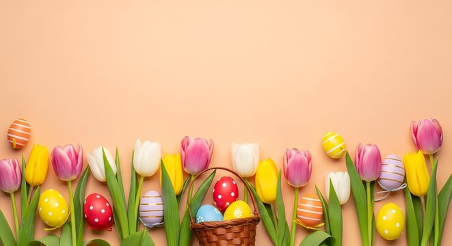 Easter tulips and eggs in a basket on pastel background