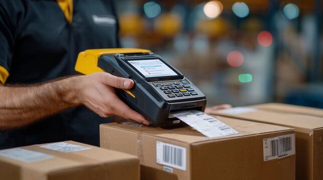 Macro close-up of hands holding a shipping label printer while affixing labels to small parcels, faceless composition emphasizing workflow, printed labels, tape dispenser, and corr