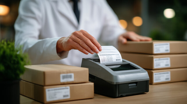 Detailed close-up of hands printing and peeling off shipping labels while arranging parcels on a table, faceless composition focused on fingers, label printer, and boxes, soft ambi