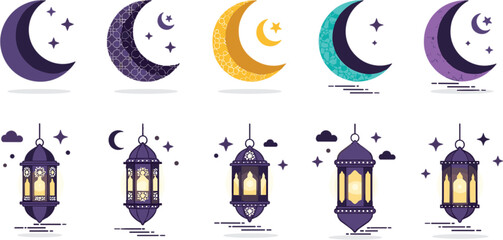 Crescent moon and hanging lantern vector set for Islamic greetings, Eid, Ramadan celebration, and festive decoration illustrations © Ratna