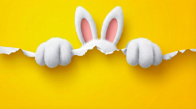 Easter bunny ears and paws peek out against a yellow background with room for text. Bunny ears and paws for Easter celebrations, costume elements, seasonal design, and spring decor.