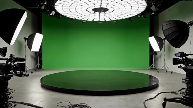 Professional chroma key studio setup with lighting and green screen