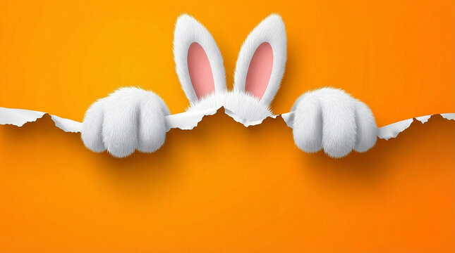 Easter bunny ears and paws peek out against an orange background with room for text. Bunny ears and paws for Easter celebrations, costume elements, seasonal design, and spring decor.
