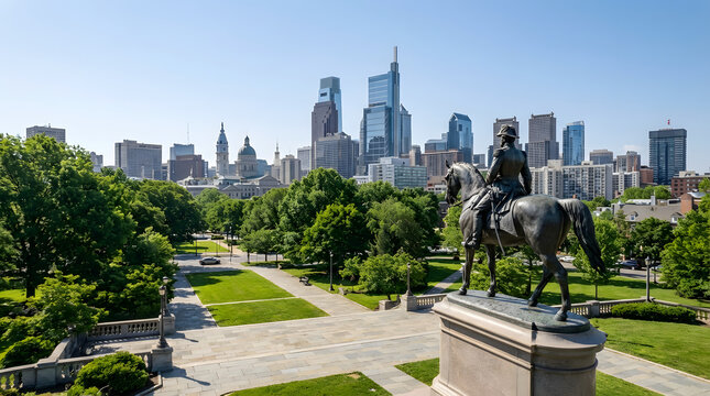 Equestrian Statue in Park with Philadelphia Skyline on a Sunny Day