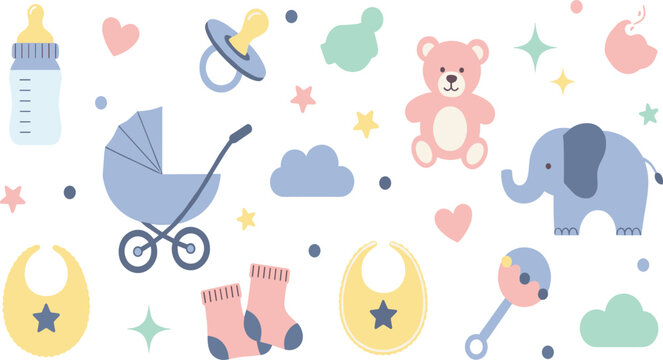 Cute Baby Essentials Vector Set with Bottle Pacifier Stroller Teddy Elephant Socks Bib and Nursery Elements for Childcare Illustration and Design.