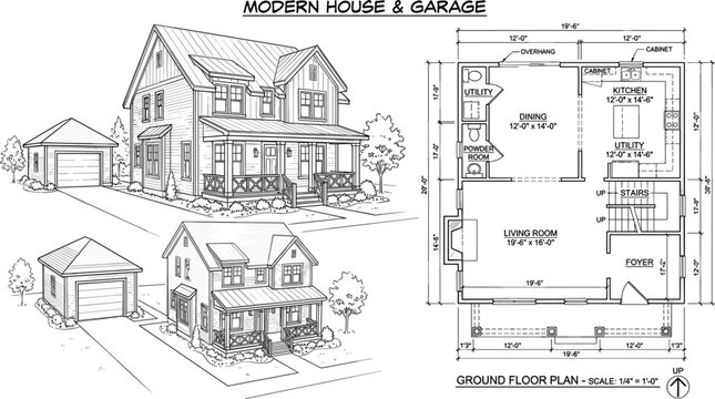 Modern house and garage architectural floor plan with perspective sketches technical drafting building design residential property blueprint