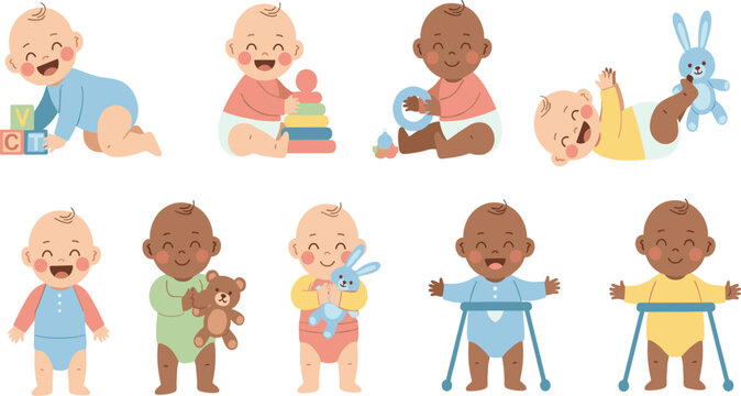 Cute Diverse Baby Characters Vector Set with Different Skin Tones Playing Crawling Standing and Using Walker for Inclusive Childhood Illustration and Design.