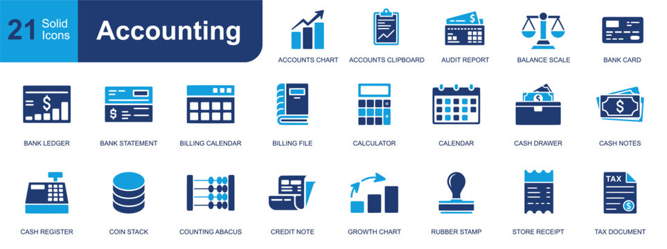 Accounting icon set. Containing audit report, bank card, calculator, calendar, cash register, ledger, statement, receipt, tax document, chart and more. Solid vector icons collection.