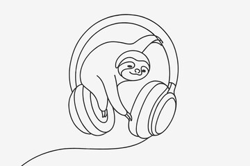 Fototapeta premium Sloth playing with headphones in a minimalist design