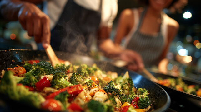 Close-over-the-shoulder view of a faceless couple chopping, stirring, and seasoning together, wide bright kitchen with sunlit surfaces, colorful produce and cookware creating a vib
