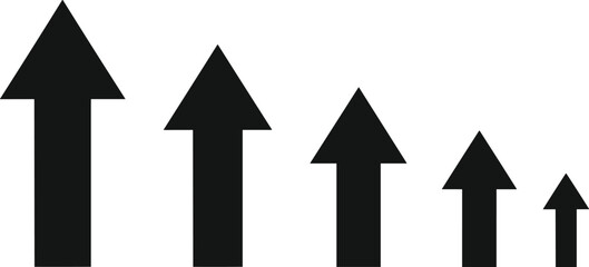 A sequence of five solid black arrows arranged in a row from largest to smallest for visual data isolated on white background