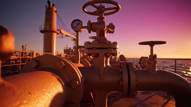 A cinematic sequence showcasing industrial pipes and valves on a ship deck during sunset, with warm golden light reflecting off metallic surfaces and ocean waves in the background.