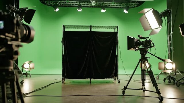 Professional video camera setup with green screen and studio lighting