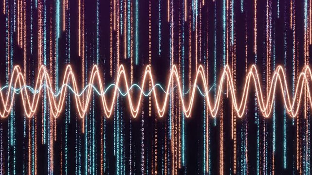 Abstract view of neon sine waves oscillating over falling binary code in a dark digital background.