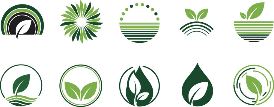 A collection of ten unique green leaf and nature themed logo designs on a clean white background isolated on white background